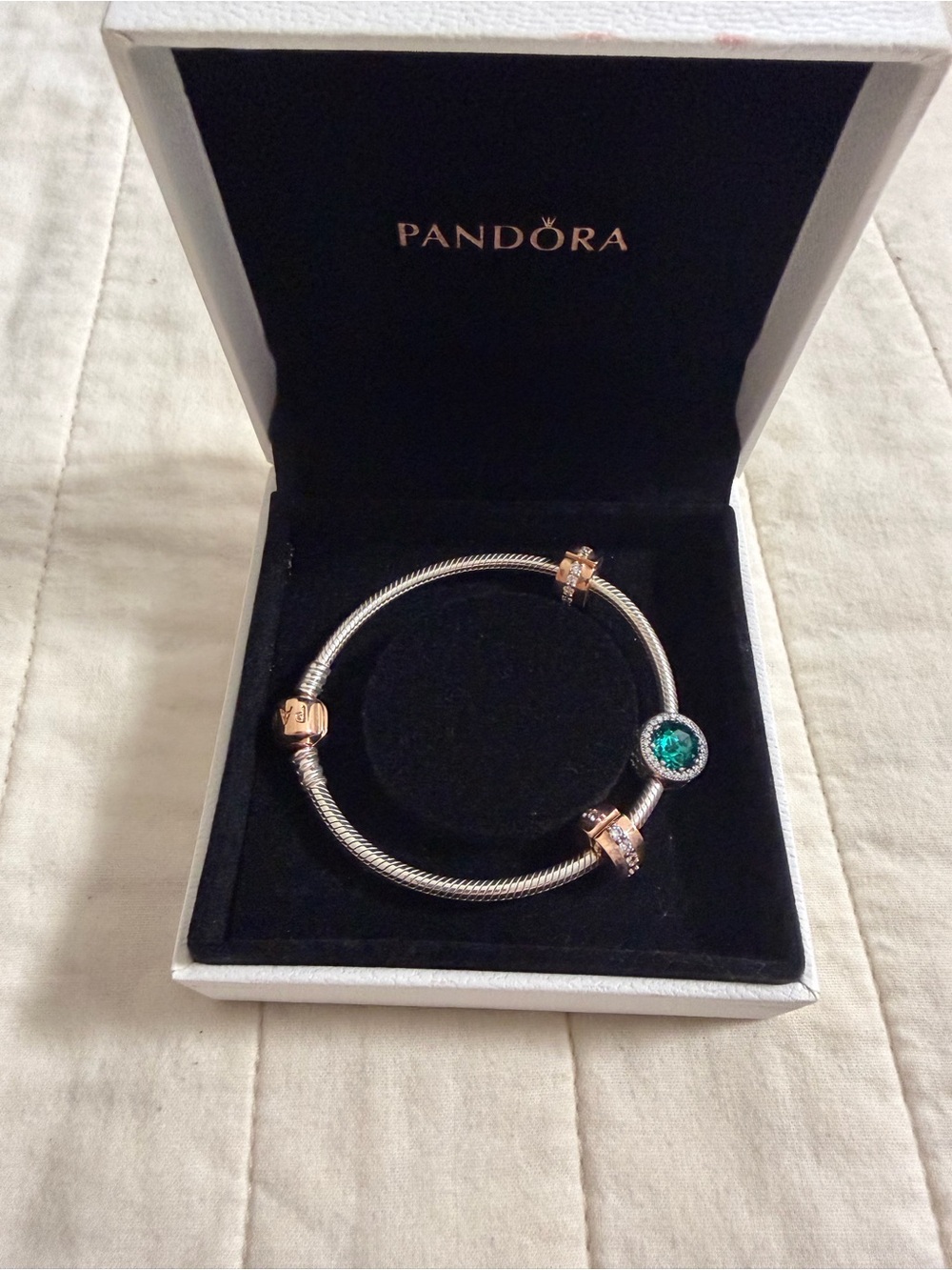 Pandora Silver Bracelet with Rose Gold Accents and Green Charm